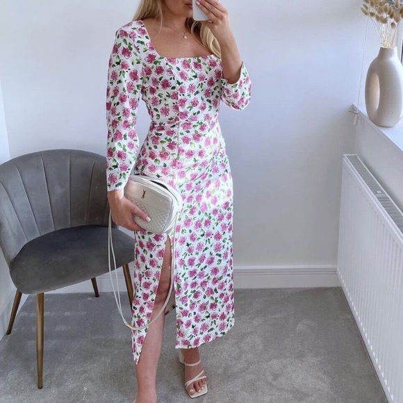 ZARA SATIN FLORAL MULTICOLORED PINK MIDI DRESS small pink green white - Picture 2 of 3